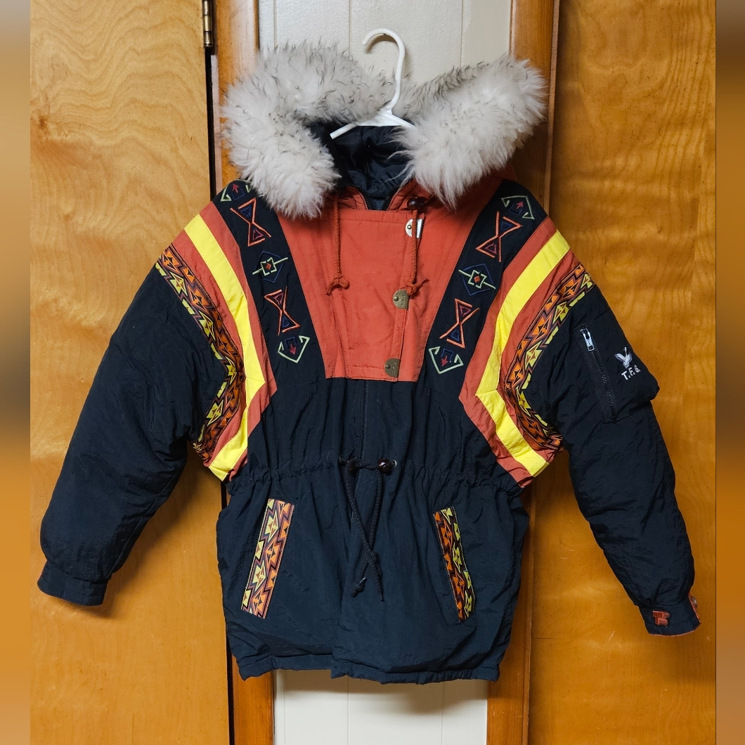 Womens Vintage Triple FAT Goose Black And Red Ski Jacket With Fur Hood